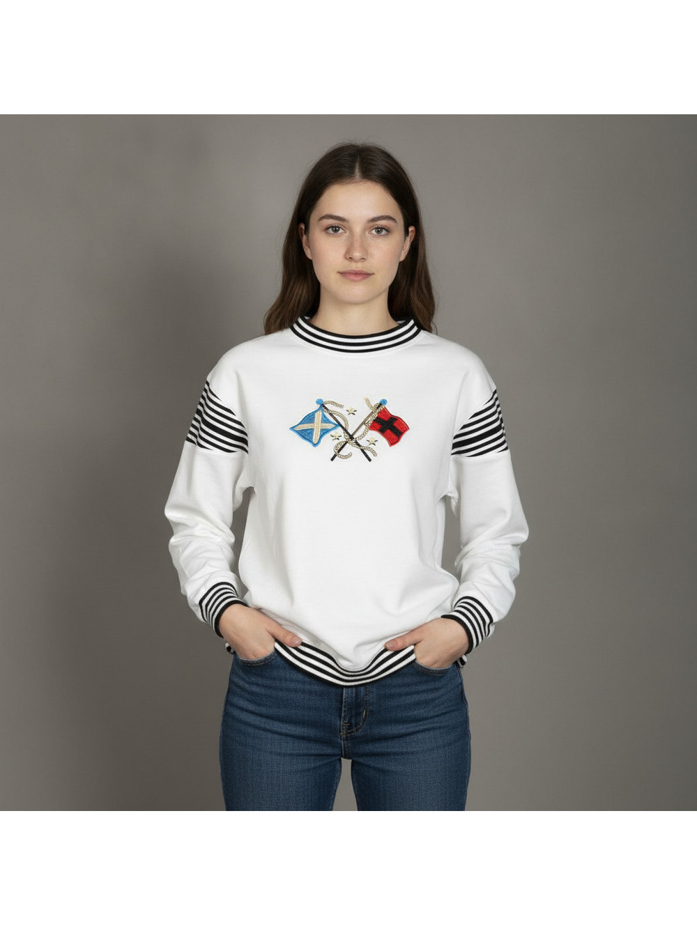 Petite Sophisticate Womens PS White Long Sleeve Fisherman Crewneck Top Coastal